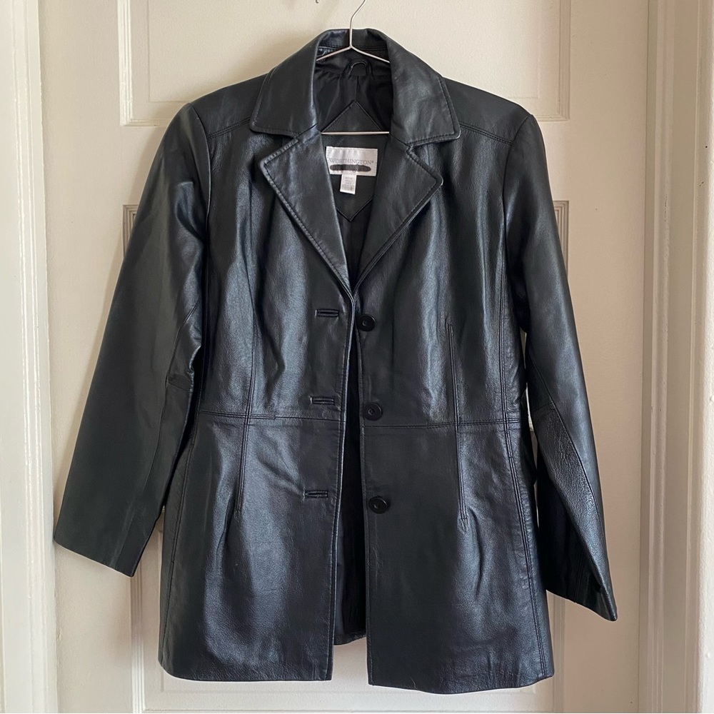 Worthington genuine petite fitted button up leather jacket